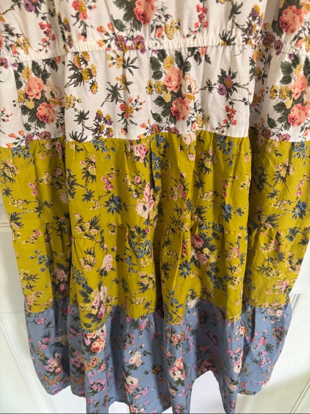 entro Floral Tiered Mini Dress in White, Olive, and Blue - Picture 9 of 11